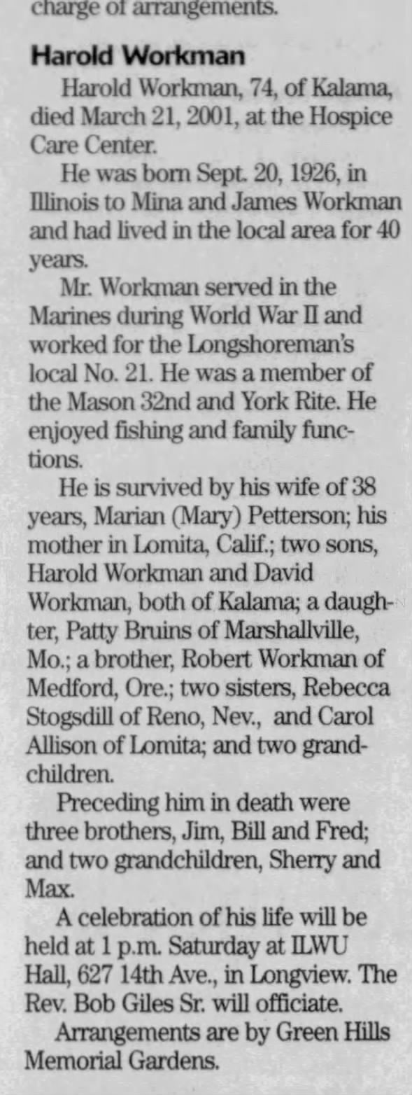 Obituary for Harold Workman, 1926-2001 (Aged 74)